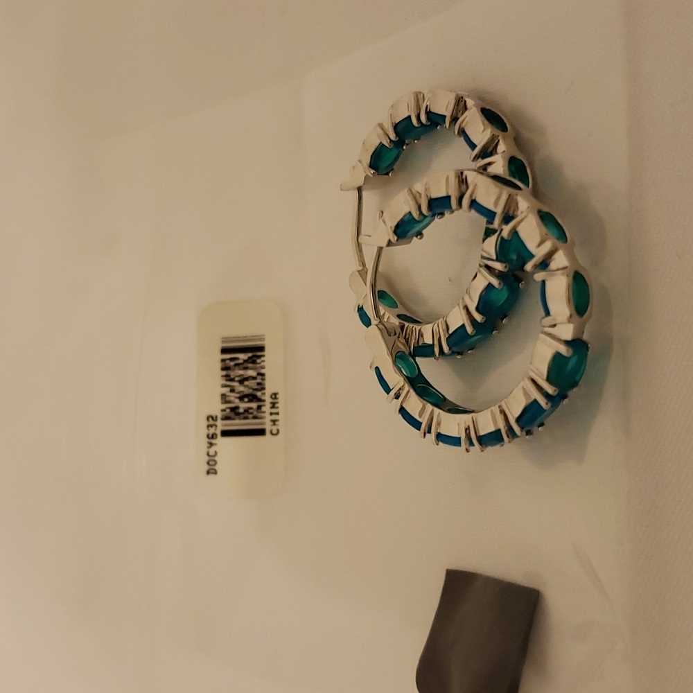 JTV DOCY632 Paraiba blue color opal rhodium over sterling silver hoop earrings